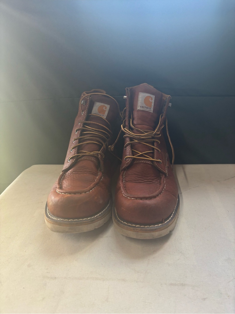 Carhartt Brown Leather Moc Toe Work Boots with Tan Laces